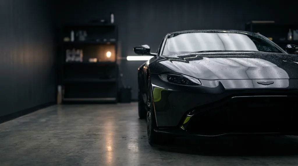 Graphite sports car in a premium automotive detailing studio